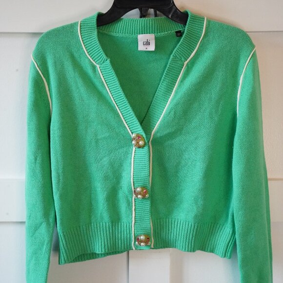 Cabi, Wallis Cardigan, Cropped Rhinestone Pearl Button Sweater, Julep, Green - Picture 3 of 7